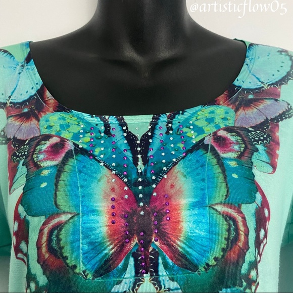 NEW One World 3/4 Length Sleeve Butterfly Top NWOT - Picture 2 of 5